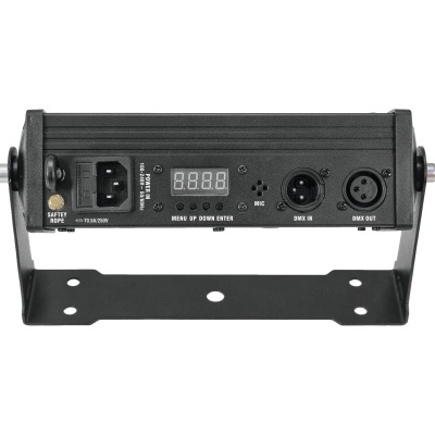 Aparelho eletrónico preto com ecrã digital e portas de áudio