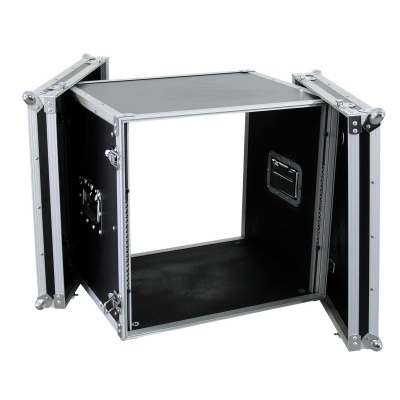 Mala de transporte metálica e preta com duas portas abertas