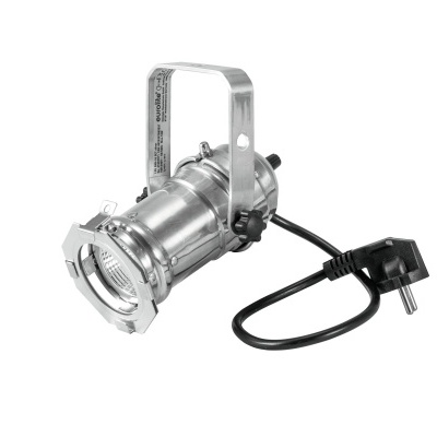 Refletor de luz metálico prateado com suporte e cabo preto