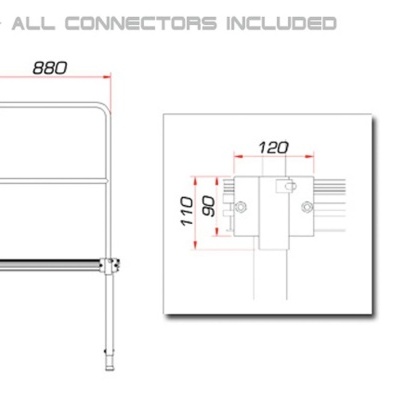 Desenho técnico de estrutura metálica com dimensões e detalhes de conector