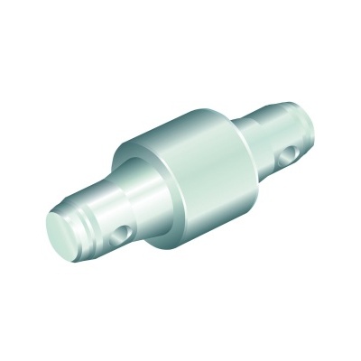 Peça metálica cilíndrica prateada com furos em ambas extremidades