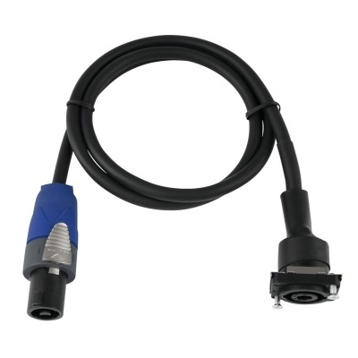 Cabo de áudio preto com conector Speakon azul e preto