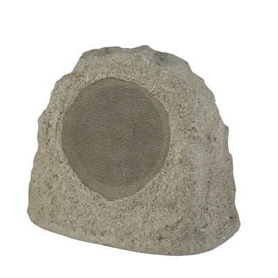 Coluna de som exterior em forma de pedra artificial cinzenta com grelha redonda cinza escuro