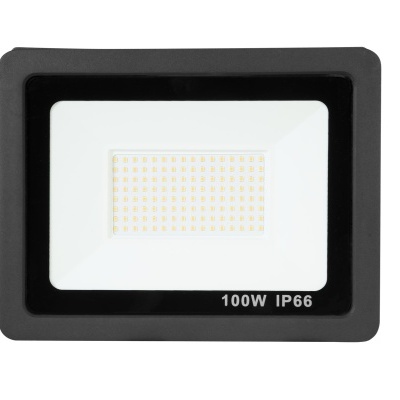 Projetor LED retangular preto com luzes LED amarelas e texto 100W IP66