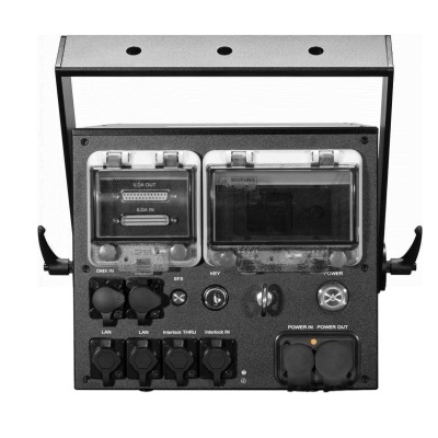 Painel de controlo elétrico preto com botões, módulos transparentes e conectores LAN e POWER