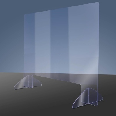 Protector de acrílico transparente com bases largas numa superfície neutra