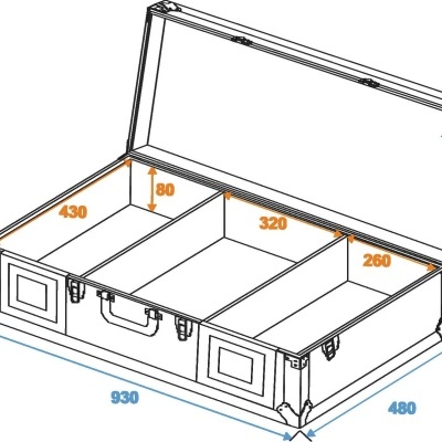 Desenho técnico de mala aberta com divisórias e medidas