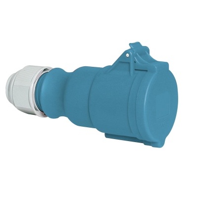 Tomada industrial azul com tampa e parte branca isolada