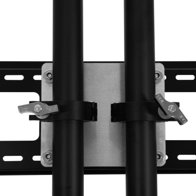 Suporte de metal preto com barras verticais e parafusos de aperto