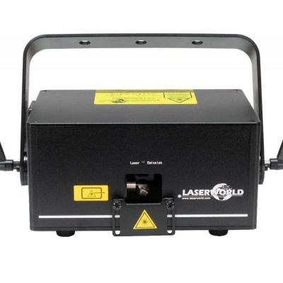 Projetor laser preto da marca LASERWORLD com alça metálica e etiquetas amarelas de aviso