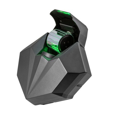 Rato gaming preto com luzes verdes e design geométrico aberto em cima