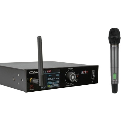 Microfone sem fios preto com receptor preto e ecrã a cores