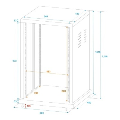 Desenho técnico de armário metálico para equipamentos com dimensões em milímetros