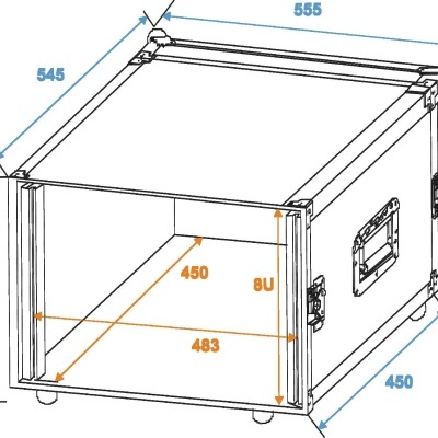 Case de transporte retangular com medidas técnicas e pegas laterais