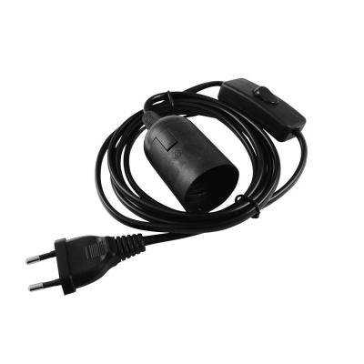 Extensão elétrica preta com tomada, interruptor e soquete para lâmpada