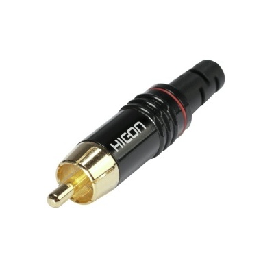 Conector RCA HICON preto com detalhes dourados e anel vermelho