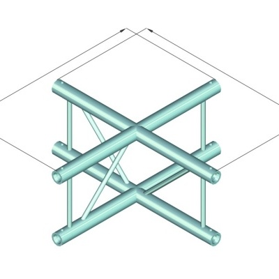 Estrutura metálica cilíndrica prateada com barras cruzadas numa configuração quadrada