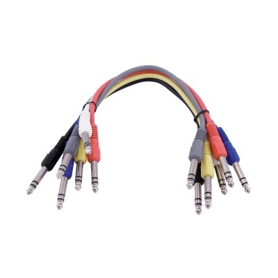 Cabo divisor áudio com oito conectores jack coloridos e cabo revestido em preto e vermelho