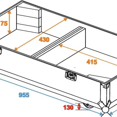 Caixa organizadora com divisórias e medidas indicadas em milímetros.