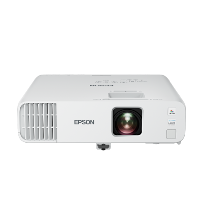 Projetor Epson branco com lente frontal e ventilação lateral