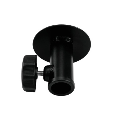 Suporte de metal preto com base circular e parafuso de aperto lateral.