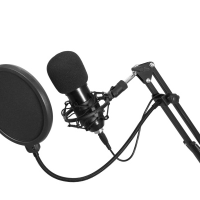 Microfone preto com suporte e filtro pop em fundo branco