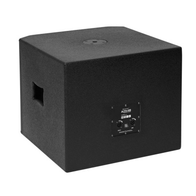Subwoofer preto em forma de cubo com painel de controlo na parte traseira