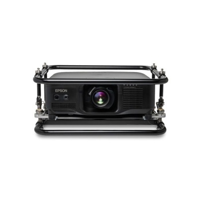 Projetor Epson preto com lente central ladeado por estrutura metálica