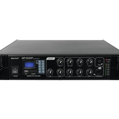 Amplificador de som MP-500P preto com botões de controlo e visor azul
