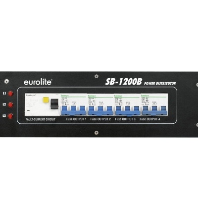 Painel de integração de energia Eurolite SB-1200B preto com fusíveis para quatro saídas de fase.