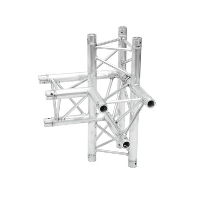 Estrutura metálica tubular em alumínio prateado com conexões em cruz