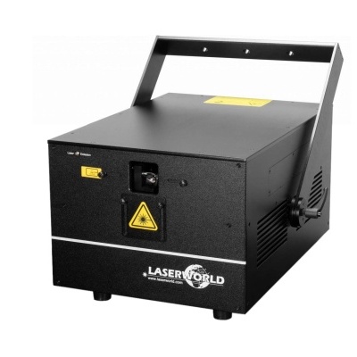 Projetor laser preto metálico LASERWORLD com etiquetas amarelas e alça para transporte