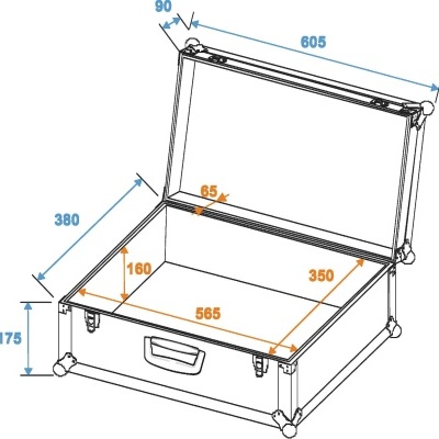 Desenho técnico de mala ou caixa retangular aberta com medidas anotadas