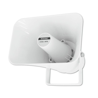 Megafone branco com suporte metálico e texto HS-15S