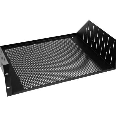 Prateleira metálica preta com base e laterais perfuradas para fixação