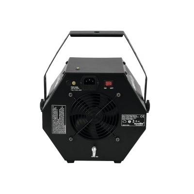 Equipamento preto em forma hexagonal com ventoinha e botão vermelho