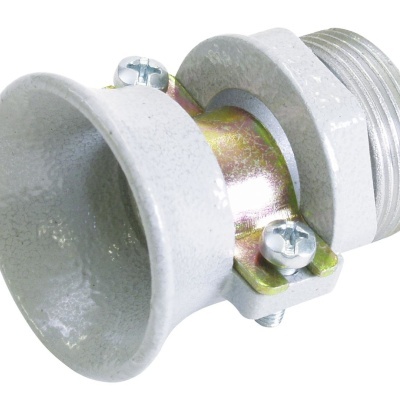 Conector metálico cinza com rosca e parafusos