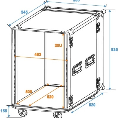 Armário de transporte branco e cinza com rodas, desenho técnico e dimensões indicadas.