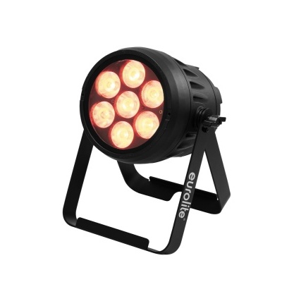Refletor LED preto com sete LEDs laranja e suporte com texto euforie