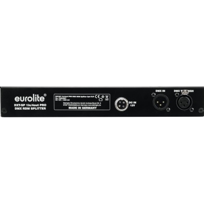 Aparelho preto Eurolite DTXP 1/4F DMXout PRO com conexões DMX e conector de alimentação