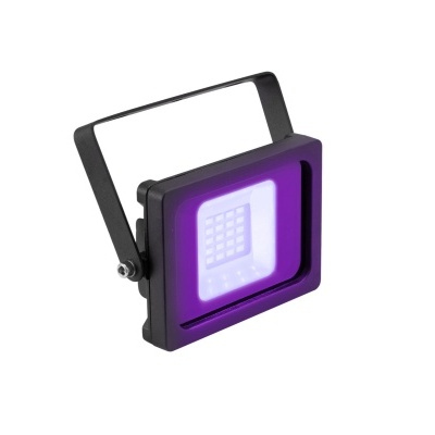 Projetor LED preto com luz roxa e suporte ajustável em fundo branco