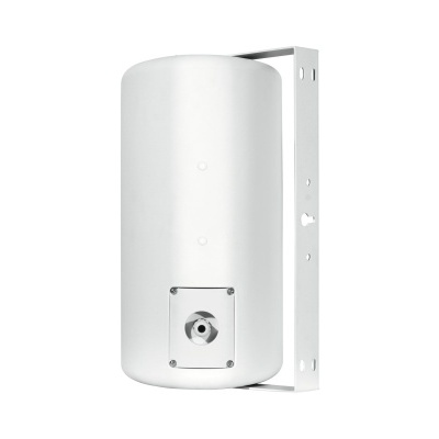 Reservatório cilíndrico branco com suporte metálico lateral e placa retangular inferior