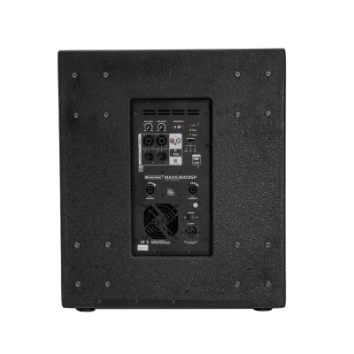 Coluna de som preta com painel traseiro visível