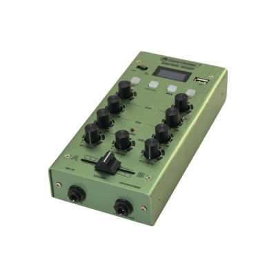 Mixer de som IK Multimedia iRig MIX verde com botões e entradas jack