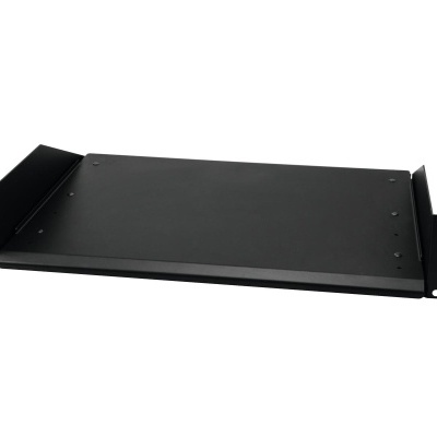 Prateleira de metal preta para rack com abas laterais e furos de fixação