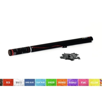 Tubo preto de confetes com confetes pretos soltos e faixa colorida de cores disponíveis.