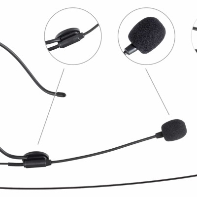 Microfone headset preto com cabo e espuma protetora
