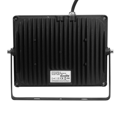 Refletor LED preto com ranhuras verticais e etiqueta técnica