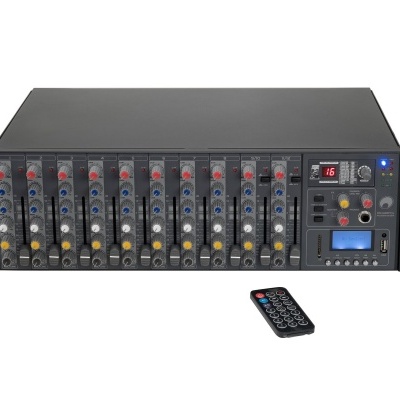 Mesa de mistura de áudio preta com 10 canais e controlo digital, com comando remoto preto