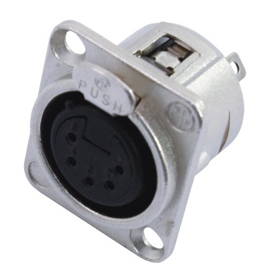 Conector circular metálico com quatro pinos e inscrição 'PUSH'